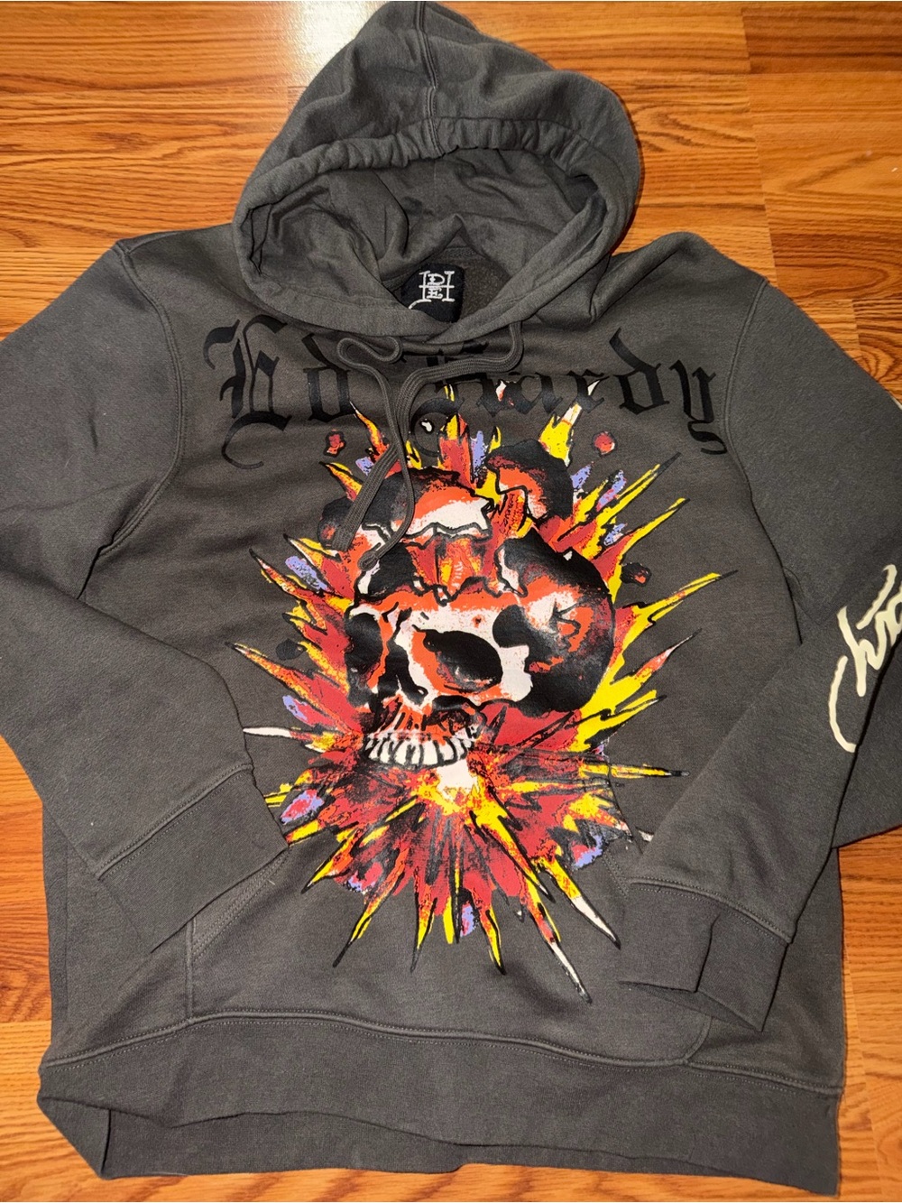 Ed Hardy Charcoal Pullover Hoodie with Multicolor Explosive Skull